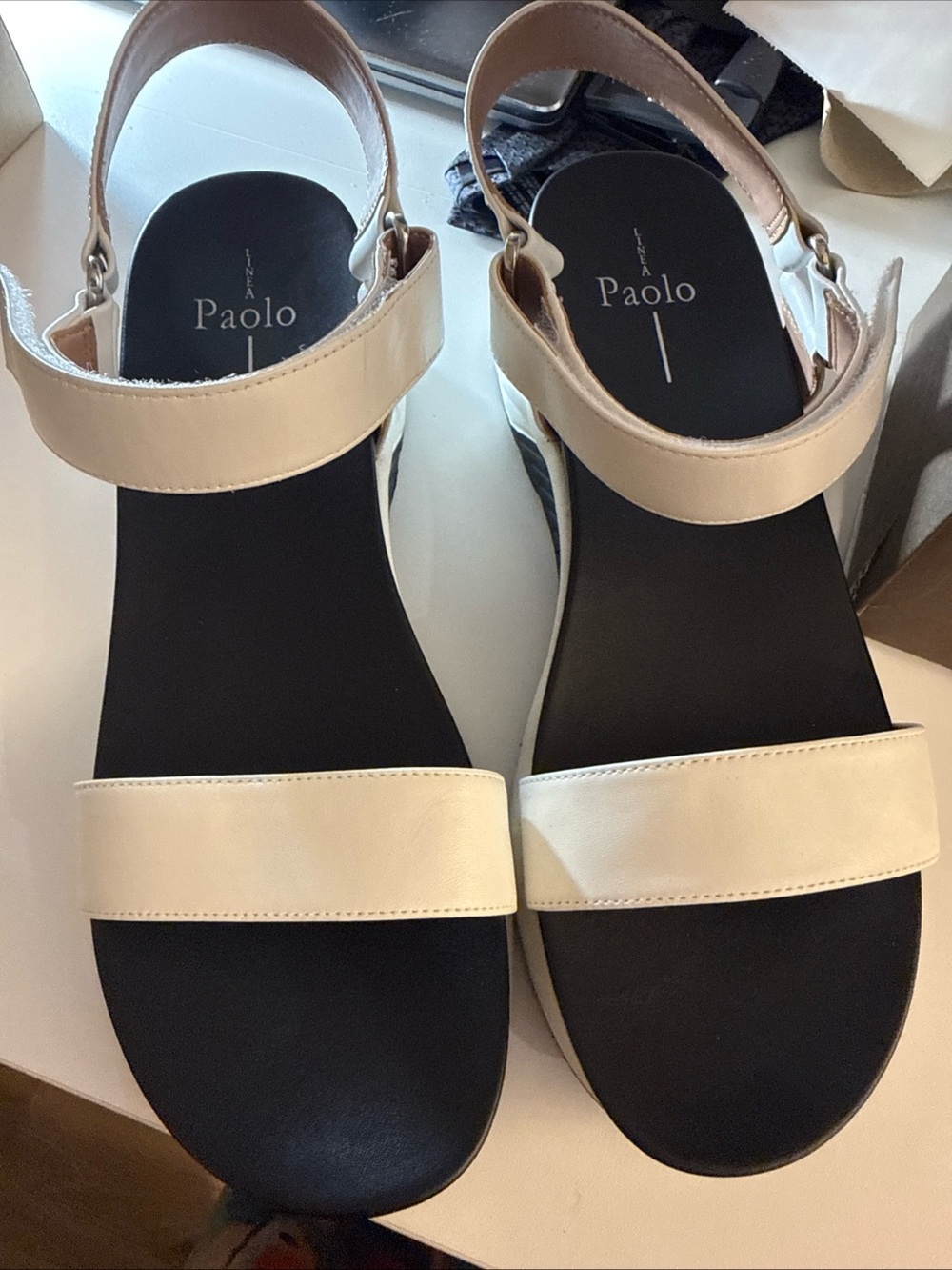 Linea Paolo women’s Black Footbed with white Straps , Two-Strap Sandals size 8.5